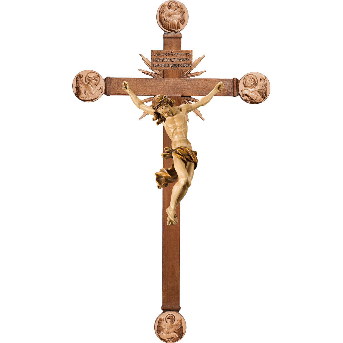 Cristo Barroco en cruz con Evangelistas y rayos con Titulus Crucis en hebreo - latín - griego